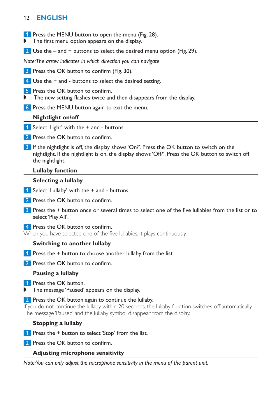 Nightlight on/off, Lullaby function, Selecting a lullaby | Switching to another lullaby, Pausing a lullaby, Stopping a lullaby, Adjusting microphone sensitivity | Philips AVENT Vigilabebés DECT User Manual | Page 12 / 196