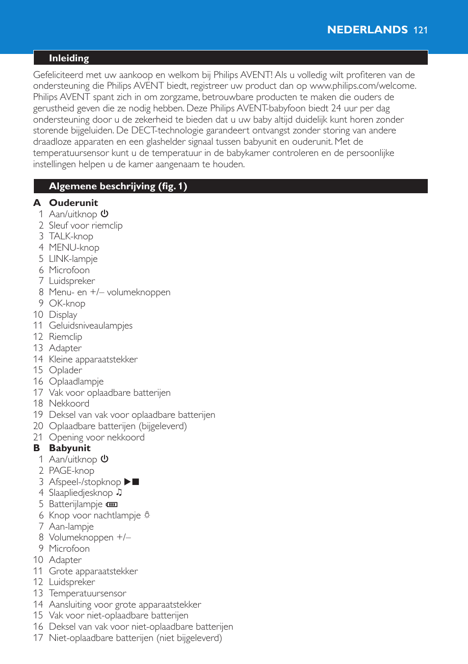 Nederlands, Inleiding, Algemene beschrijving (fig. 1) | Philips AVENT Vigilabebés DECT User Manual | Page 121 / 196