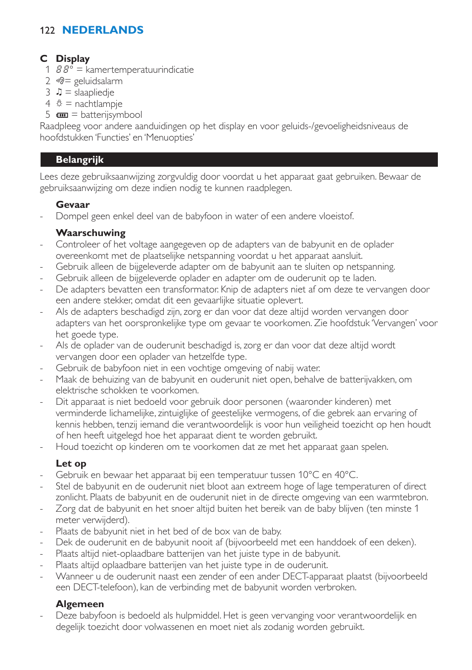 Gevaar, Waarschuwing, Let op | Belangrijk | Philips AVENT Vigilabebés DECT User Manual | Page 122 / 196