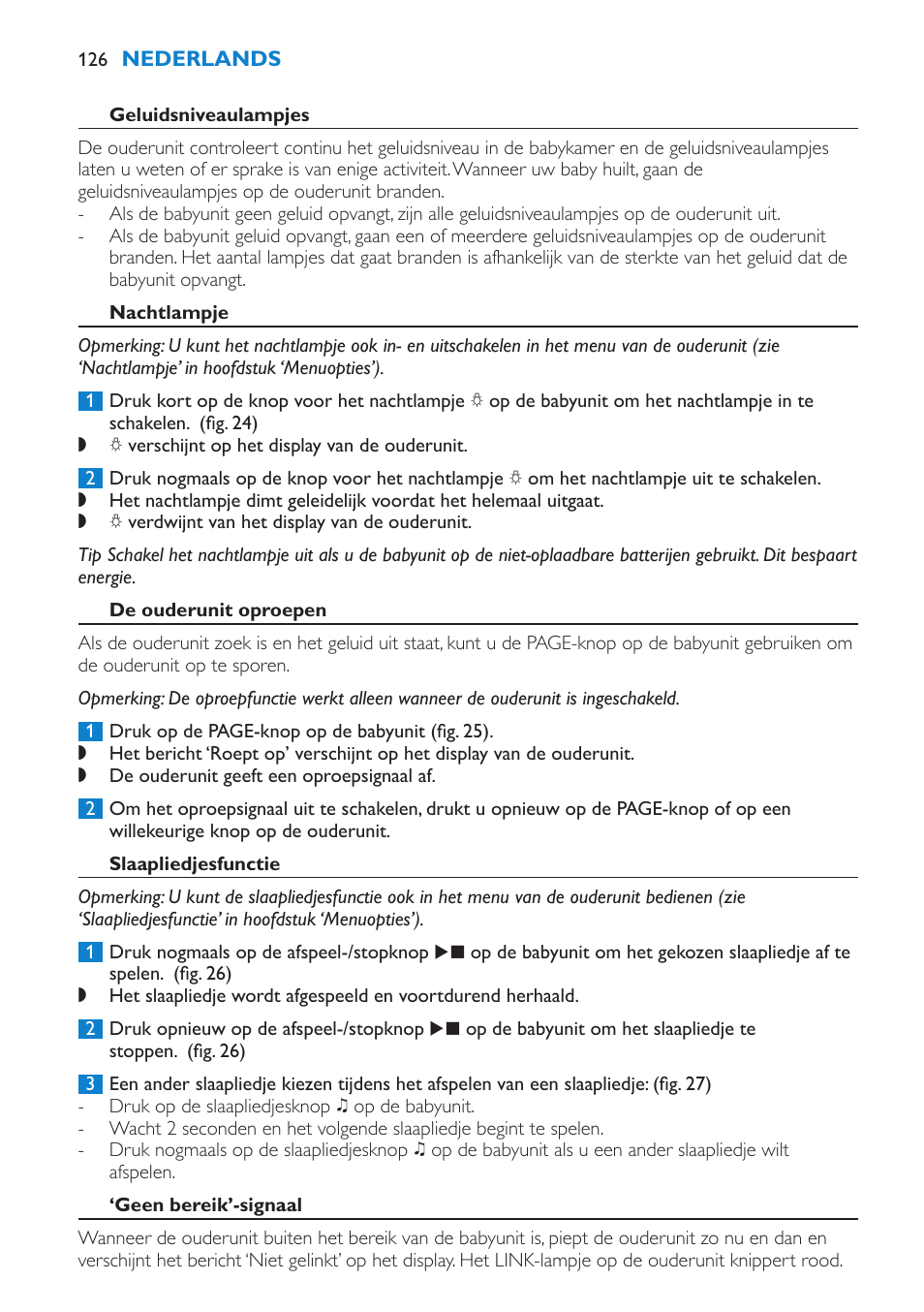 Geluidsniveaulampjes, Nachtlampje, De ouderunit oproepen | Slaapliedjesfunctie, Geen bereik’-signaal | Philips AVENT Vigilabebés DECT User Manual | Page 126 / 196