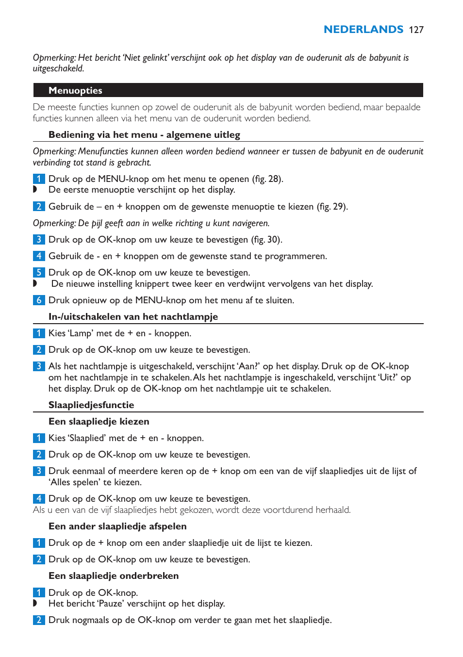 Menuopties, Bediening via het menu - algemene uitleg, In-/uitschakelen van het nachtlampje | Slaapliedjesfunctie, Een slaapliedje kiezen, Een ander slaapliedje afspelen, Een slaapliedje onderbreken | Philips AVENT Vigilabebés DECT User Manual | Page 127 / 196