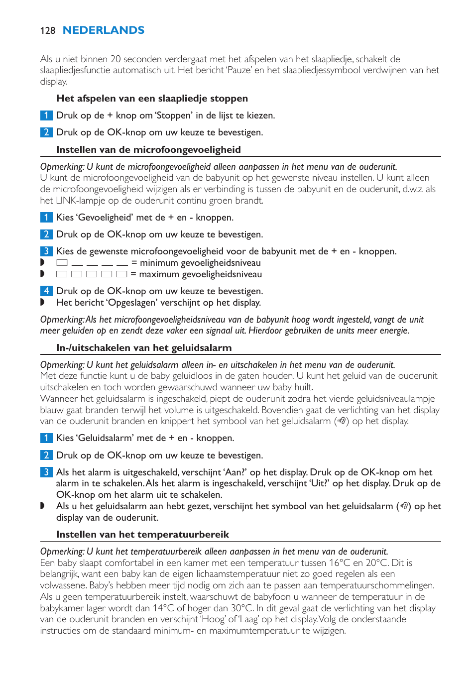 Het afspelen van een slaapliedje stoppen, Instellen van de microfoongevoeligheid, In-/uitschakelen van het geluidsalarm | Instellen van het temperatuurbereik | Philips AVENT Vigilabebés DECT User Manual | Page 128 / 196