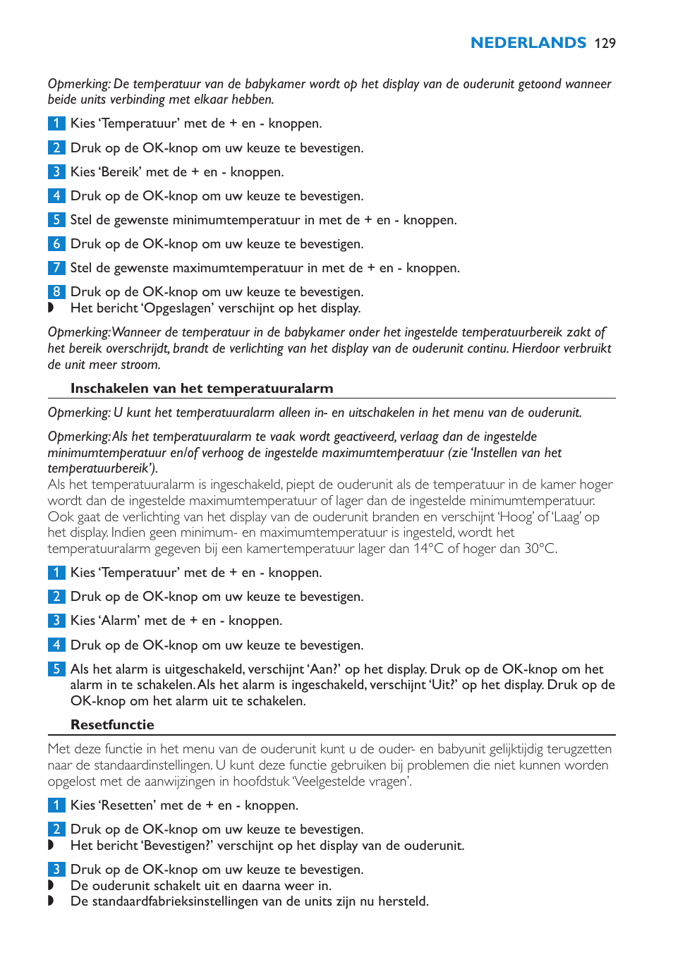 Inschakelen van het temperatuuralarm, Resetfunctie | Philips AVENT Vigilabebés DECT User Manual | Page 129 / 196