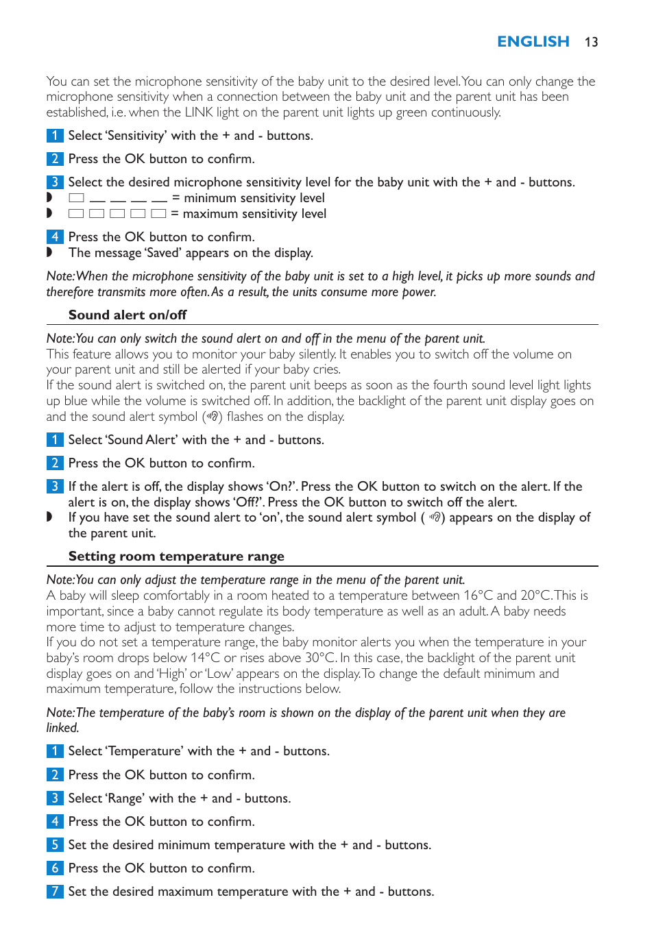 Sound alert on/off, Setting room temperature range | Philips AVENT Vigilabebés DECT User Manual | Page 13 / 196
