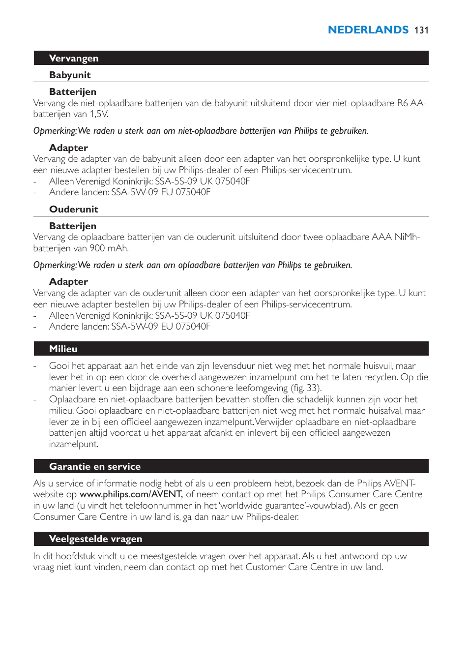 Vervangen, Babyunit, Batterijen | Adapter, Ouderunit, Milieu, Garantie en service, Veelgestelde vragen | Philips AVENT Vigilabebés DECT User Manual | Page 131 / 196