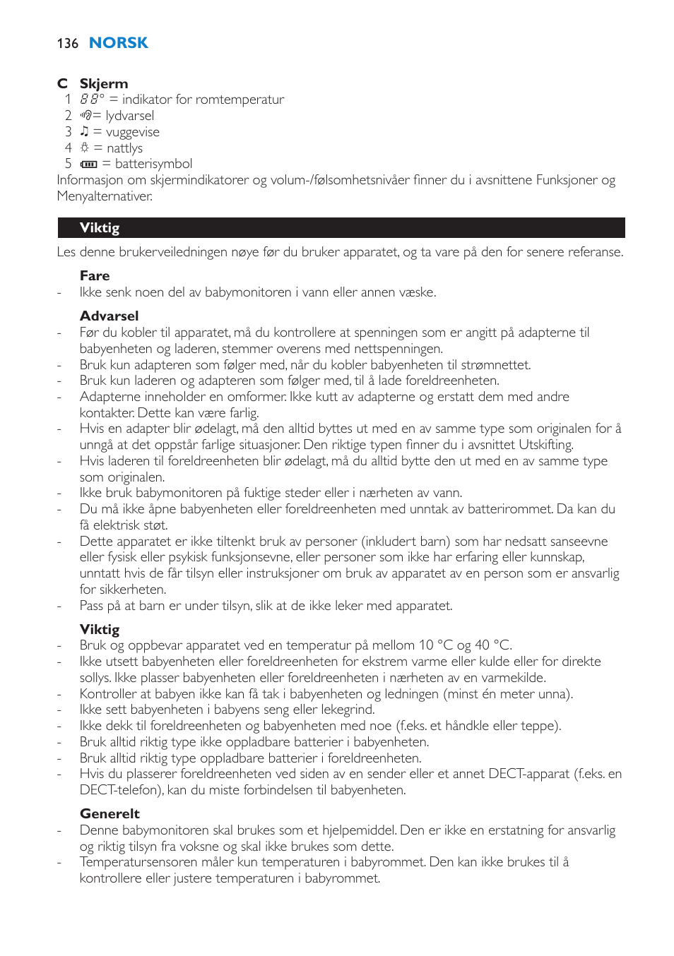 Fare, Advarsel, Viktig | Generelt | Philips AVENT Vigilabebés DECT User Manual | Page 136 / 196