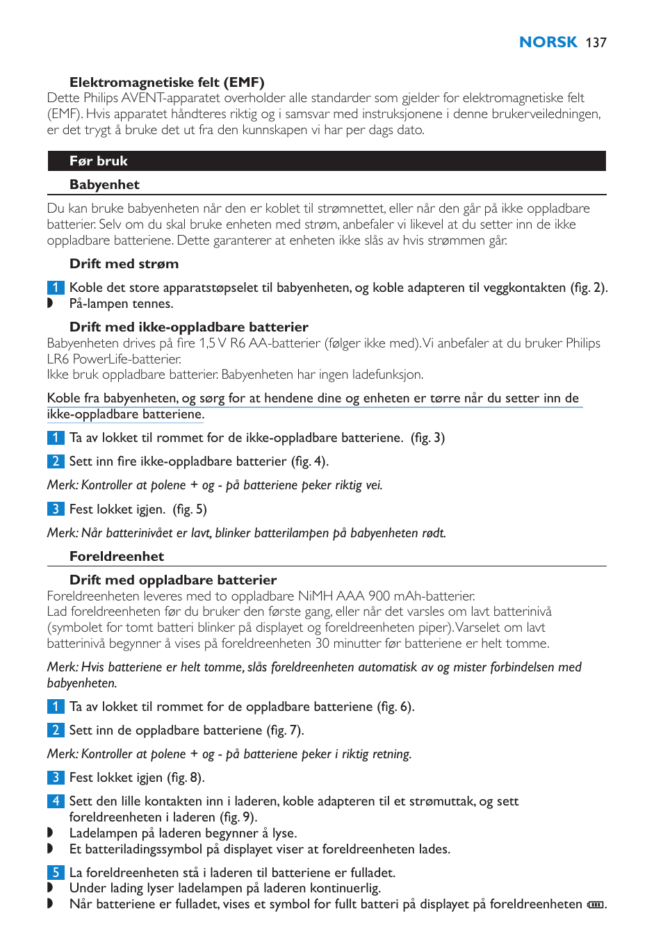 Elektromagnetiske felt (emf), Før bruk, Babyenhet | Drift med strøm, Drift med ikke-oppladbare batterier, Foreldreenhet, Drift med oppladbare batterier | Philips AVENT Vigilabebés DECT User Manual | Page 137 / 196