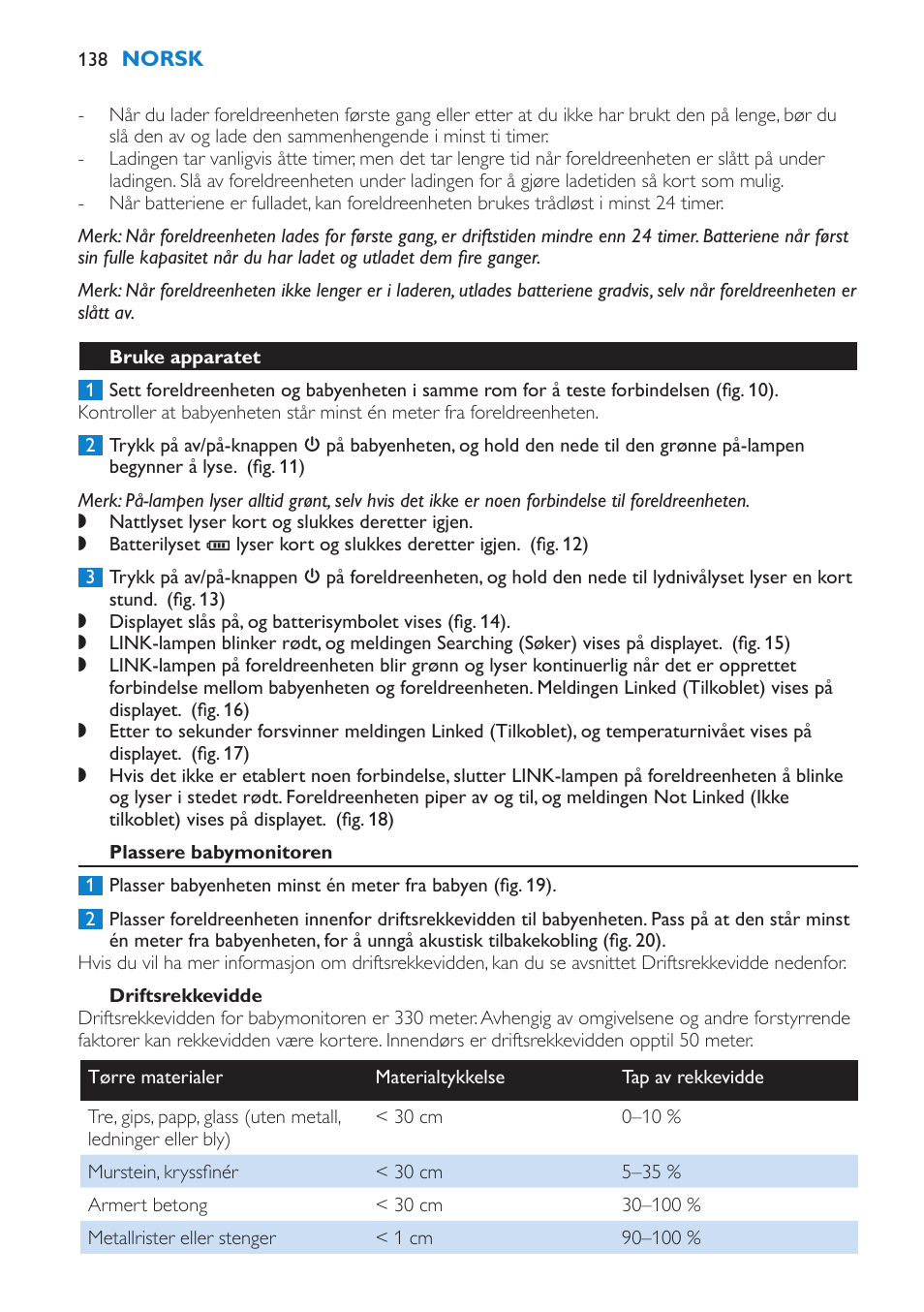 Bruke apparatet, Plassere babymonitoren, Driftsrekkevidde | Philips AVENT Vigilabebés DECT User Manual | Page 138 / 196