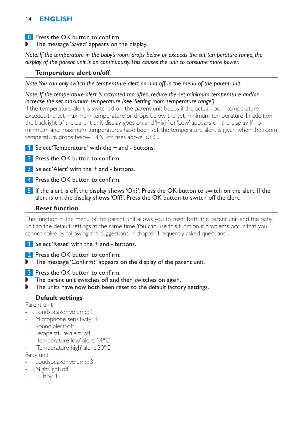 Temperature alert on/off, Reset function, Default settings | Philips AVENT Vigilabebés DECT User Manual | Page 14 / 196
