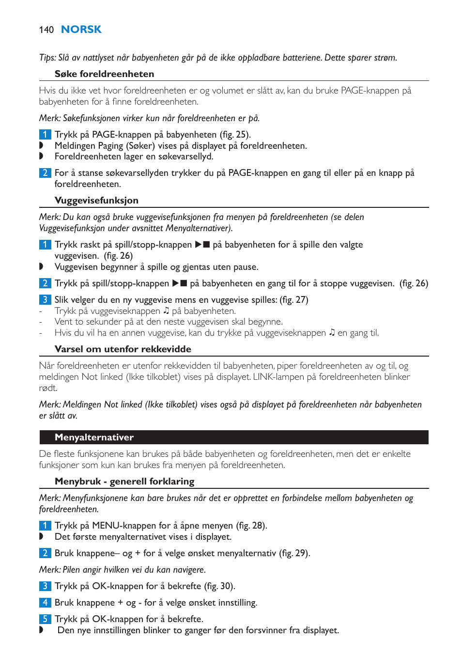 Søke foreldreenheten, Vuggevisefunksjon, Varsel om utenfor rekkevidde | Menyalternativer, Menybruk - generell forklaring | Philips AVENT Vigilabebés DECT User Manual | Page 140 / 196