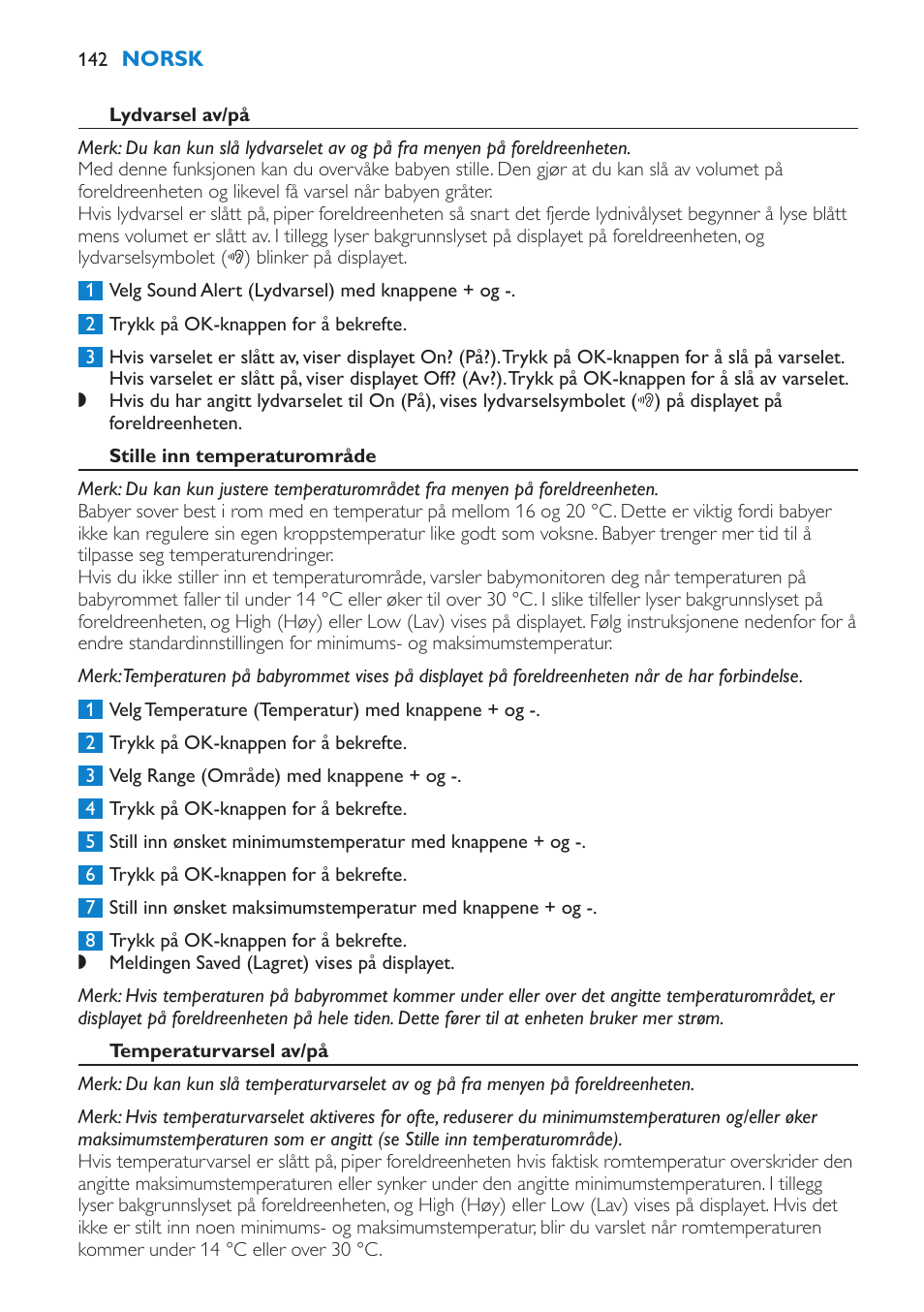 Lydvarsel av/på, Stille inn temperaturområde, Temperaturvarsel av/på | Philips AVENT Vigilabebés DECT User Manual | Page 142 / 196