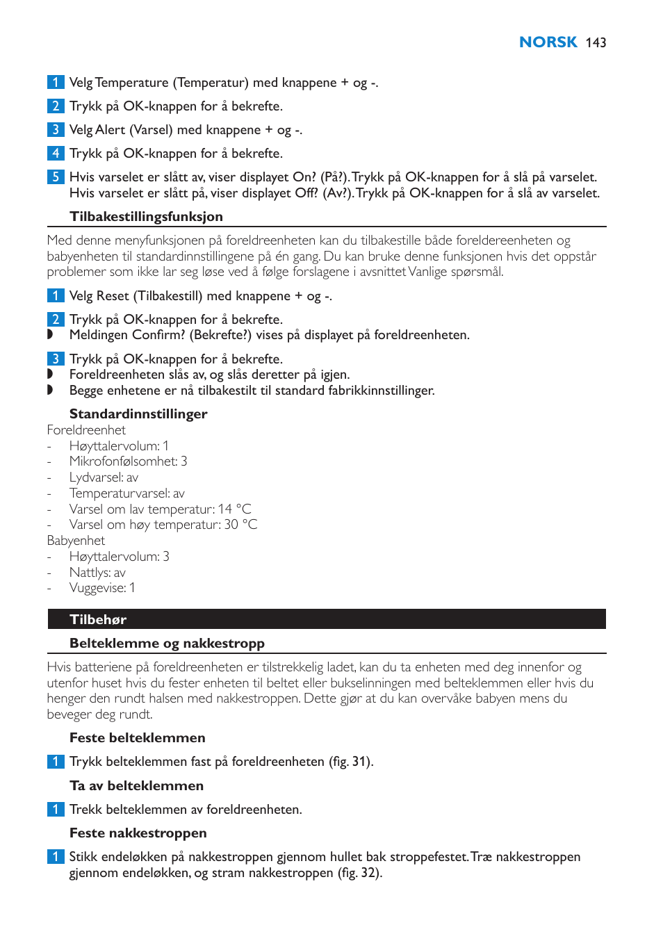 Tilbakestillingsfunksjon, Standardinnstillinger, Tilbehør | Belteklemme og nakkestropp, Feste belteklemmen, Ta av belteklemmen, Feste nakkestroppen | Philips AVENT Vigilabebés DECT User Manual | Page 143 / 196