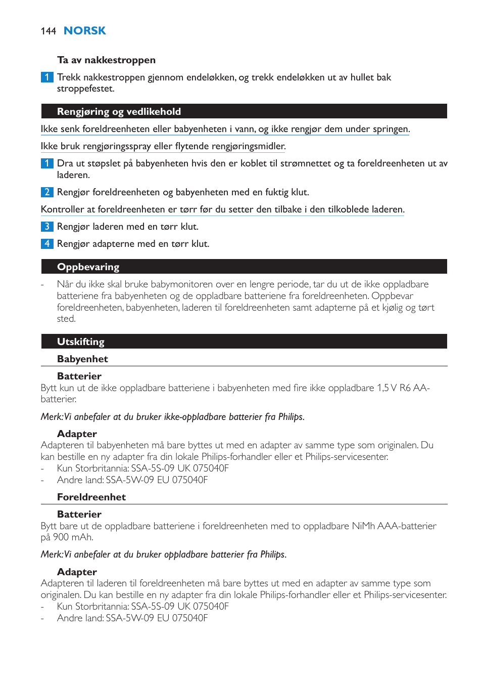 Ta av nakkestroppen, Rengjøring og vedlikehold, Oppbevaring | Utskifting, Babyenhet, Batterier, Adapter, Foreldreenhet | Philips AVENT Vigilabebés DECT User Manual | Page 144 / 196