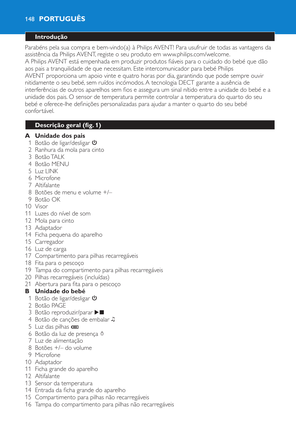 Português, Introdução, Descrição geral (fig. 1) | Philips AVENT Vigilabebés DECT User Manual | Page 148 / 196