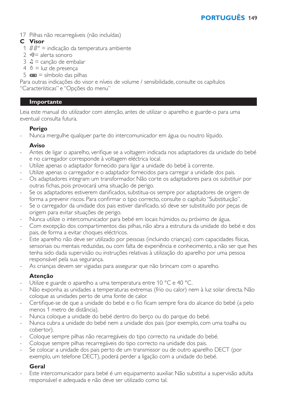 Perigo, Aviso, Atenção | Importante | Philips AVENT Vigilabebés DECT User Manual | Page 149 / 196