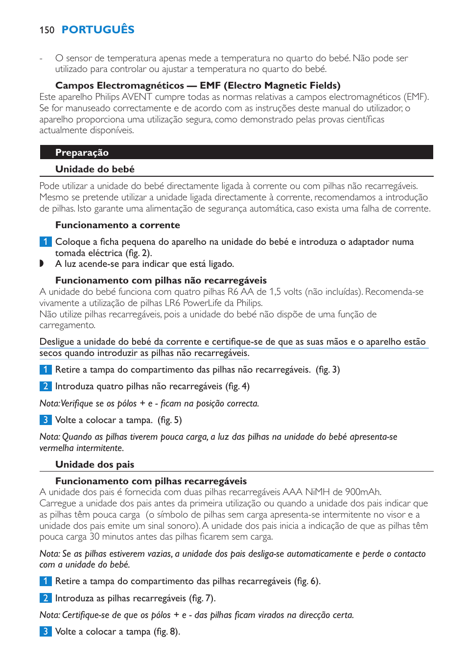 Geral, Preparação, Unidade do bebé | Funcionamento a corrente, Funcionamento com pilhas não recarregáveis, Unidade dos pais, Funcionamento com pilhas recarregáveis | Philips AVENT Vigilabebés DECT User Manual | Page 150 / 196