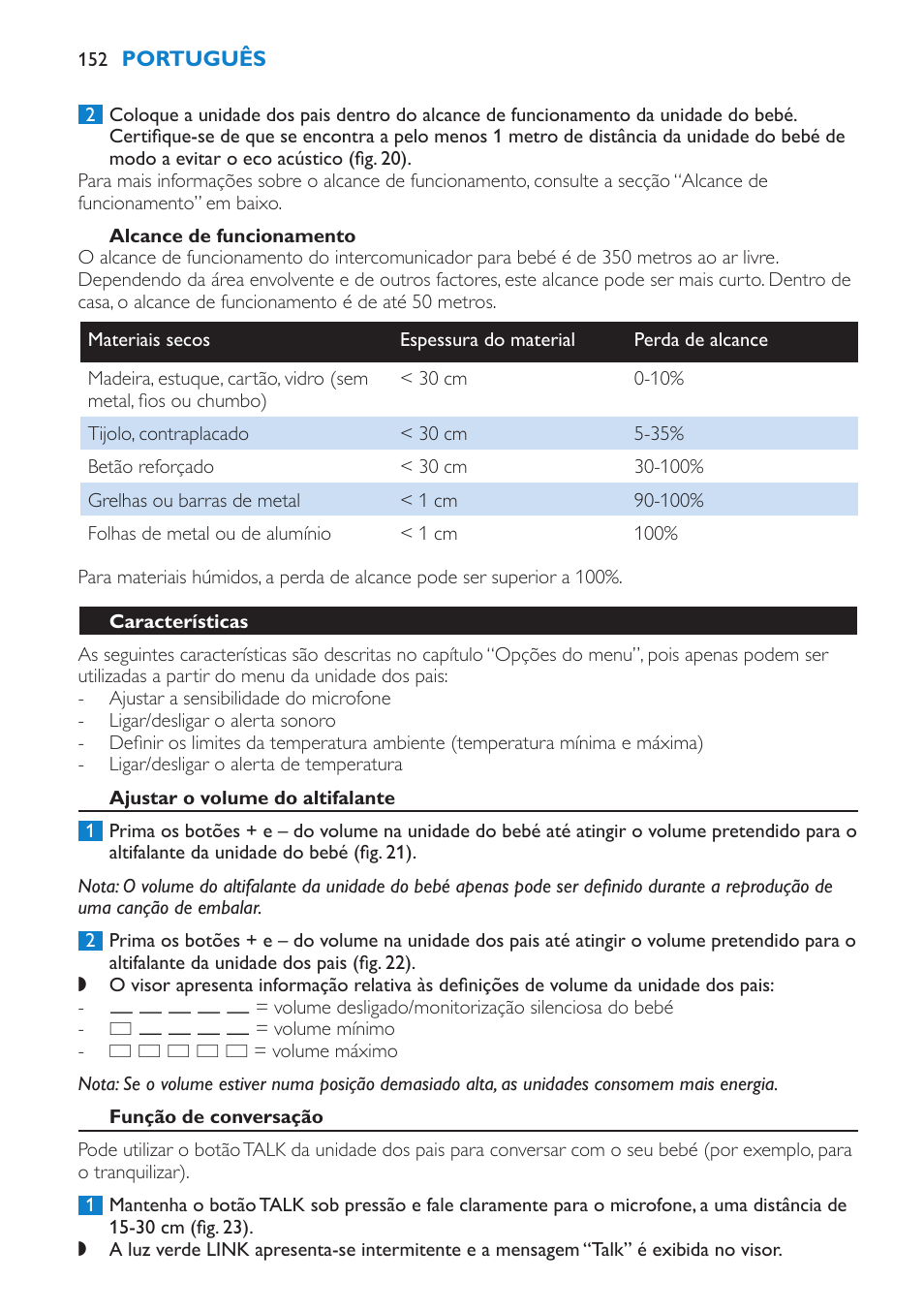 Colocação do intercomunicador para bebé, Alcance de funcionamento, Características | Ajustar o volume do altifalante, Função de conversação | Philips AVENT Vigilabebés DECT User Manual | Page 152 / 196