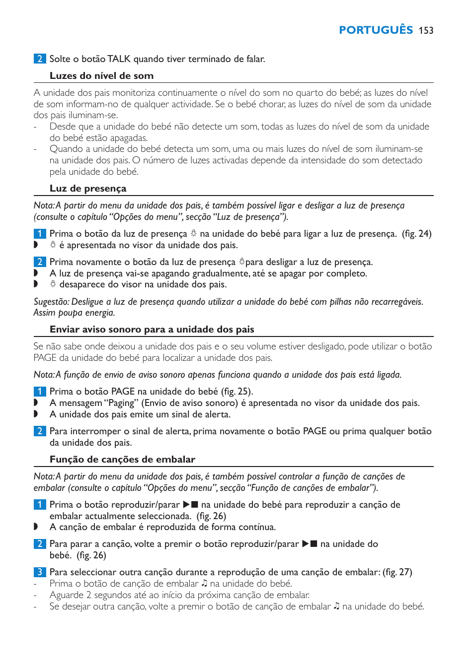 Luzes do nível de som, Luz de presença, Enviar aviso sonoro para a unidade dos pais | Função de canções de embalar | Philips AVENT Vigilabebés DECT User Manual | Page 153 / 196