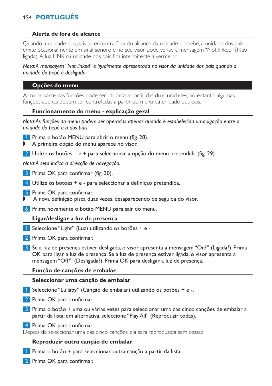 Alerta de fora de alcance, Opções do menu, Funcionamento do menu - explicação geral | Ligar/desligar a luz de presença, Função de canções de embalar, Seleccionar uma canção de embalar, Reproduzir outra canção de embalar | Philips AVENT Vigilabebés DECT User Manual | Page 154 / 196