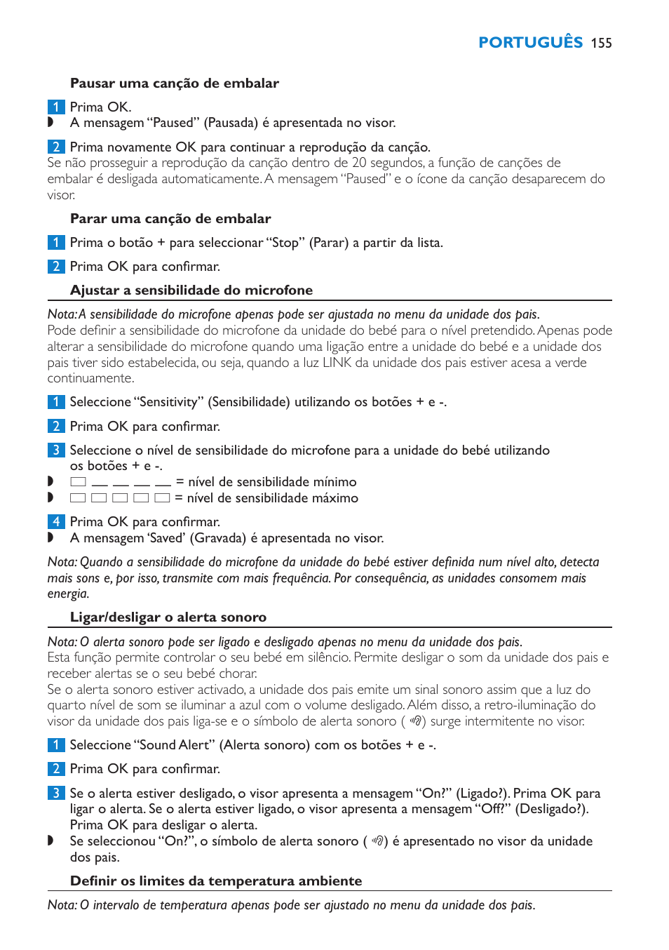 Pausar uma canção de embalar, Parar uma canção de embalar, Ajustar a sensibilidade do microfone | Ligar/desligar o alerta sonoro, Definir os limites da temperatura ambiente | Philips AVENT Vigilabebés DECT User Manual | Page 155 / 196