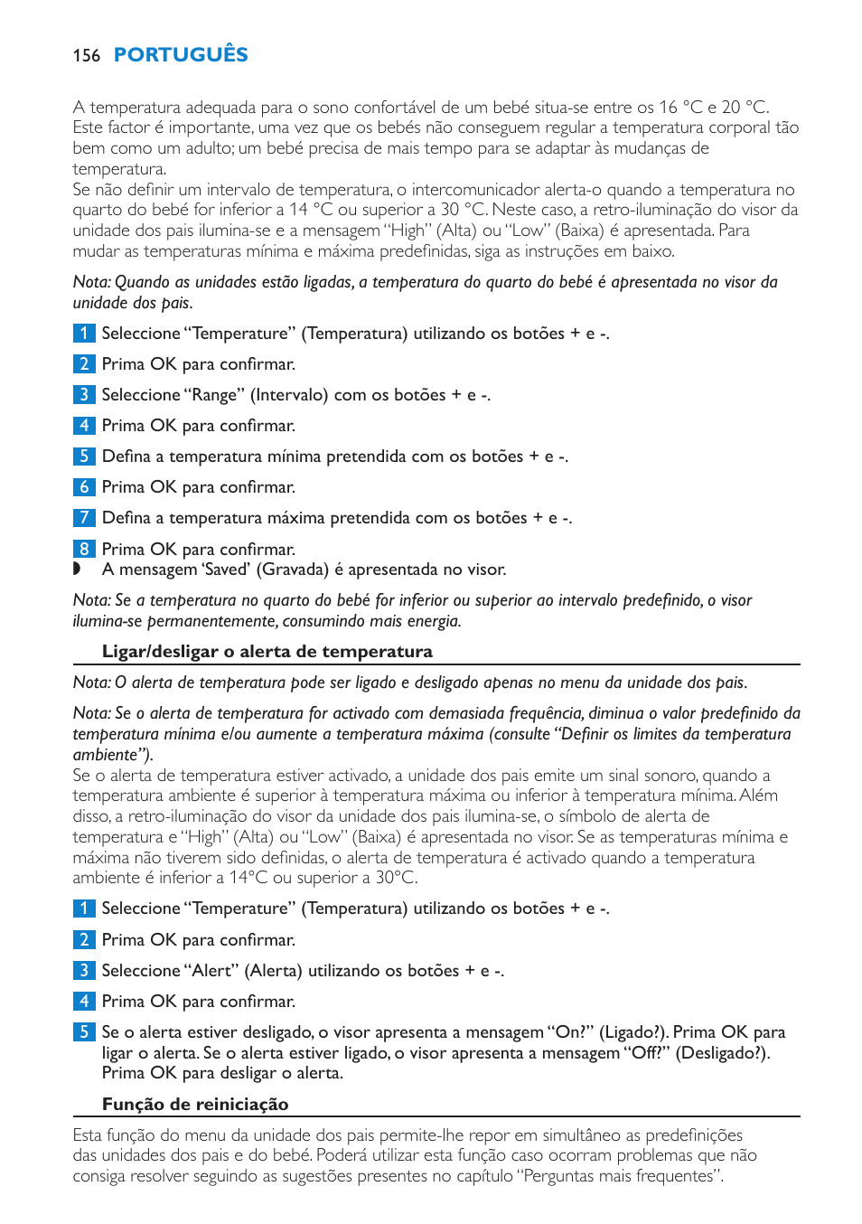Ligar/desligar o alerta de temperatura, Função de reiniciação | Philips AVENT Vigilabebés DECT User Manual | Page 156 / 196