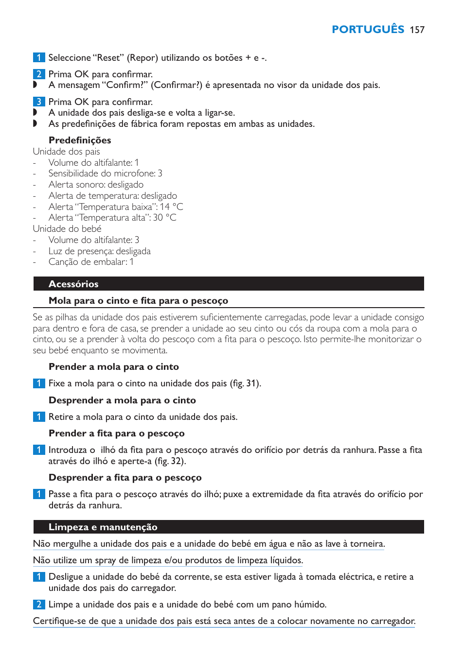 Predefinições, Acessórios, Mola para o cinto e fita para o pescoço | Prender a mola para o cinto, Desprender a mola para o cinto, Prender a fita para o pescoço, Desprender a fita para o pescoço, Limpeza e manutenção | Philips AVENT Vigilabebés DECT User Manual | Page 157 / 196