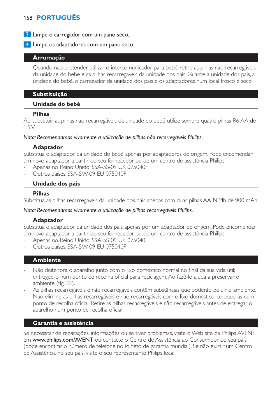 Arrumação, Substituição, Unidade do bebé | Pilhas, Adaptador, Unidade dos pais, Ambiente, Garantia e assistência | Philips AVENT Vigilabebés DECT User Manual | Page 158 / 196