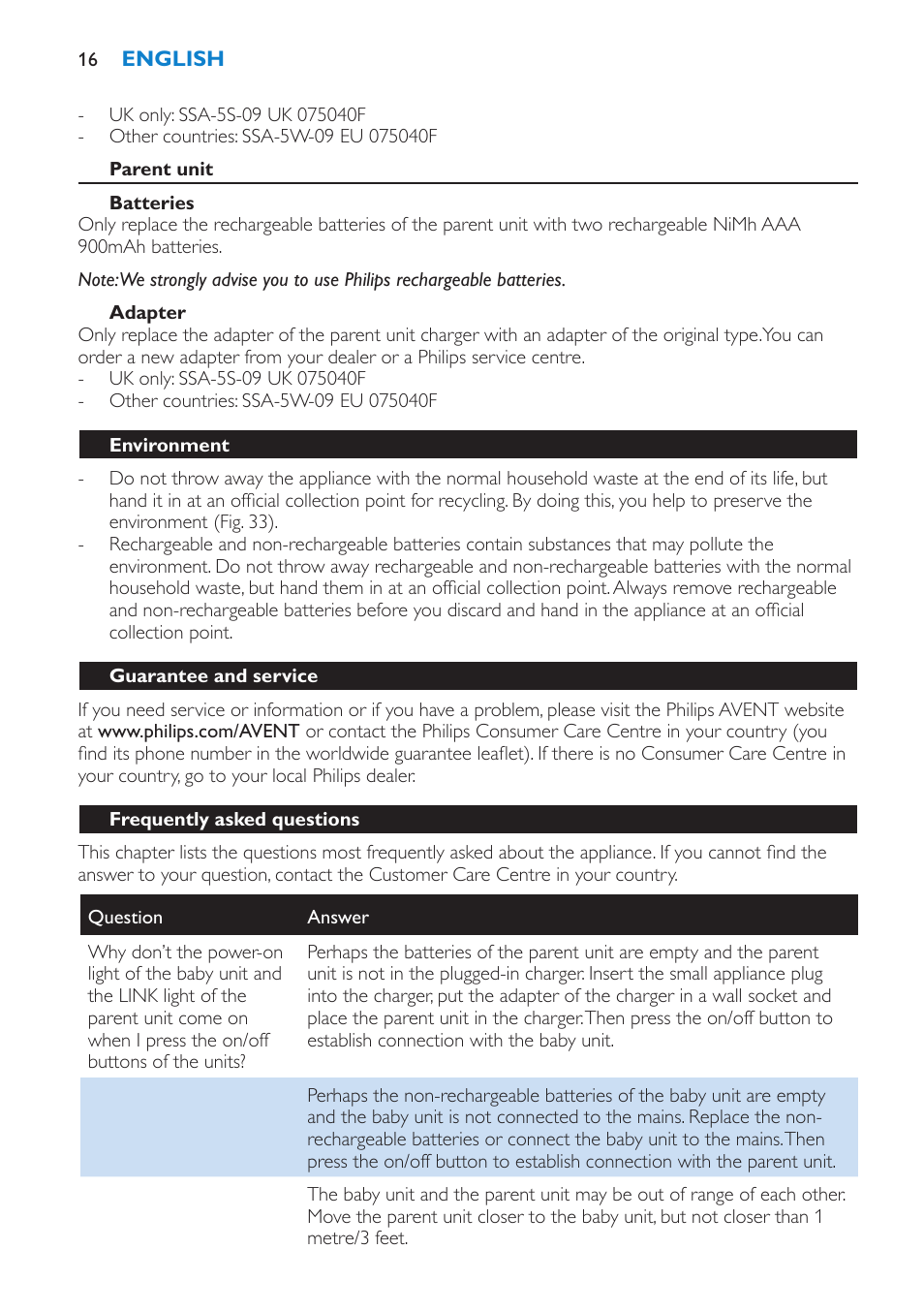 Parent unit, Batteries, Adapter | Environment, Guarantee and service, Frequently asked questions | Philips AVENT Vigilabebés DECT User Manual | Page 16 / 196