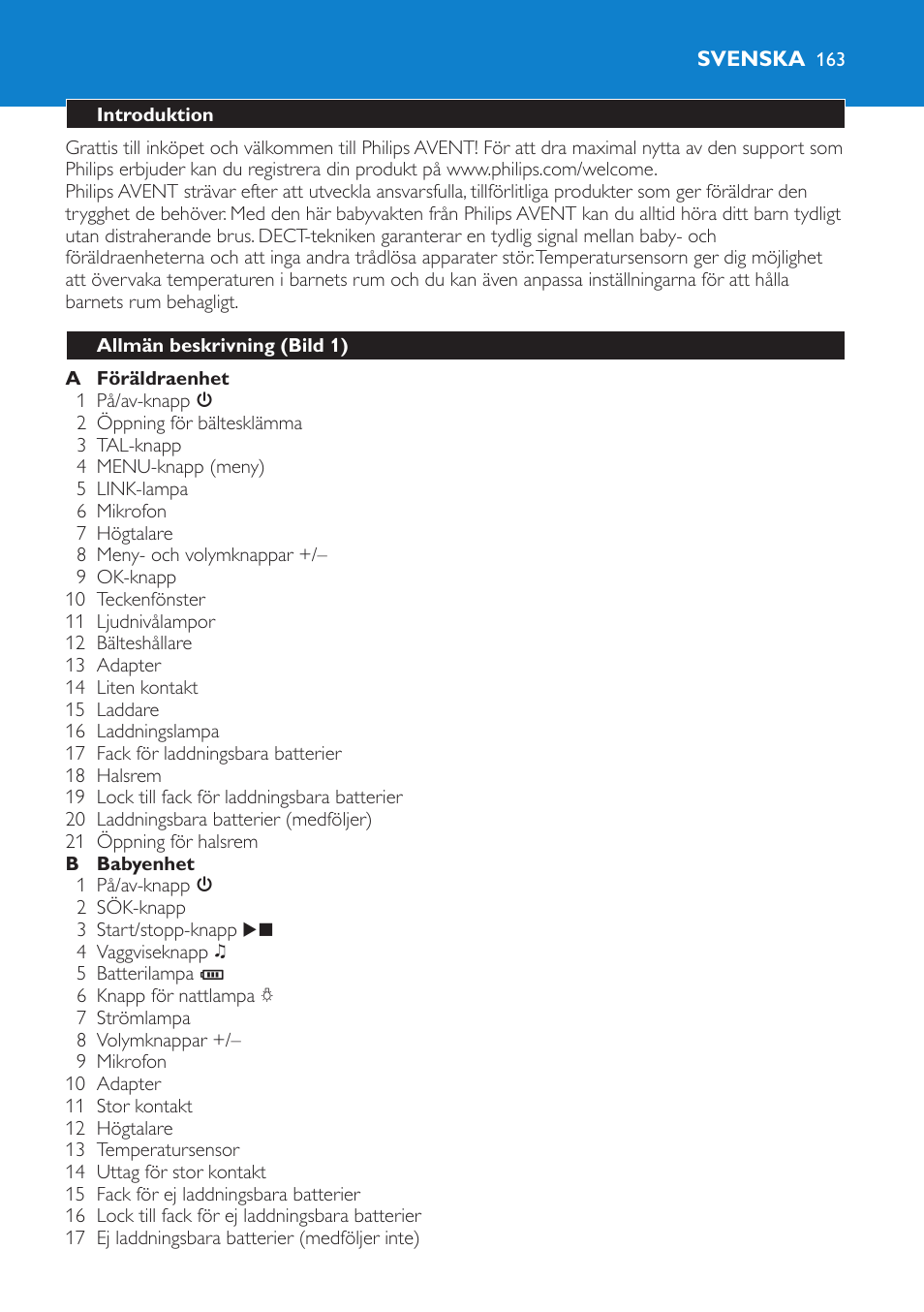 Svenska, Introduktion, Allmän beskrivning (bild 1) | Philips AVENT Vigilabebés DECT User Manual | Page 163 / 196