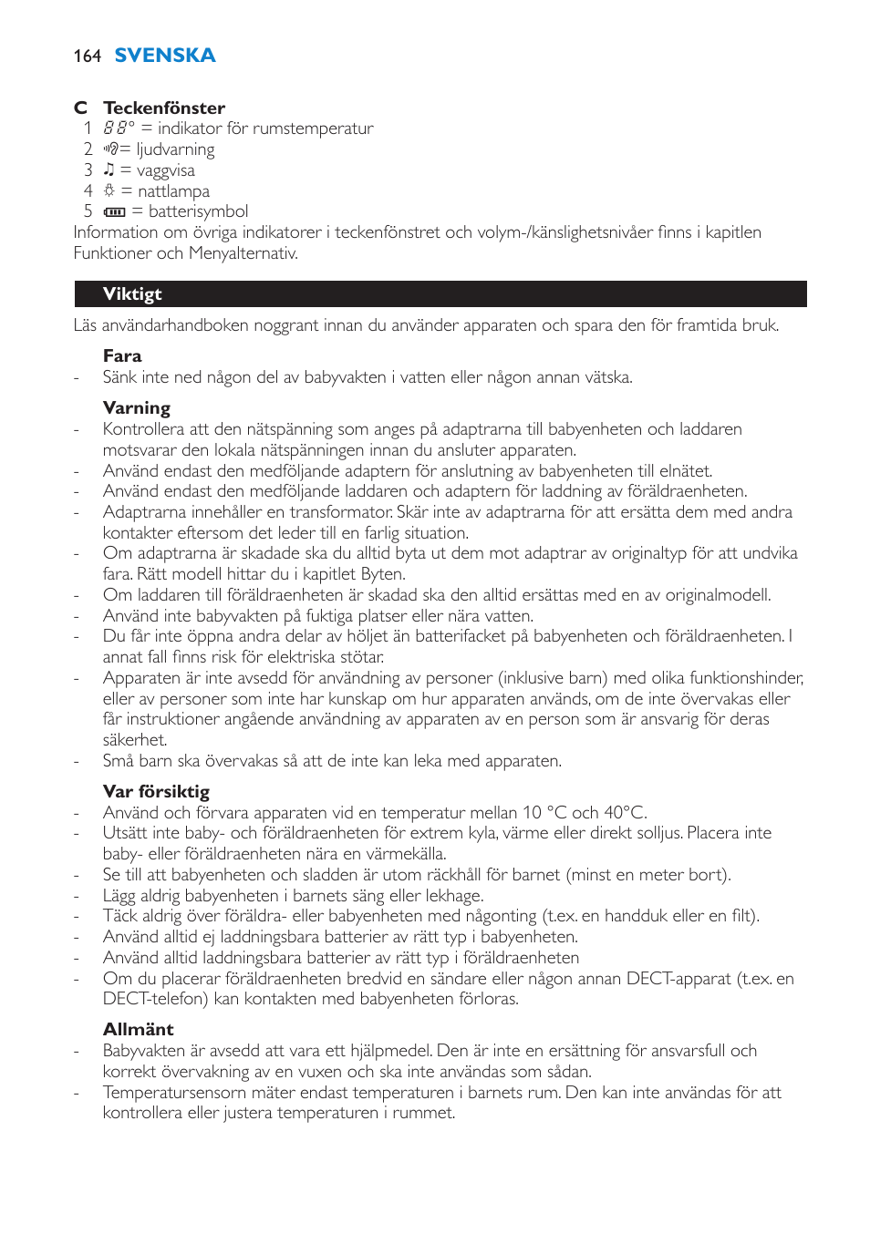 Fara, Varning, Var försiktig | Allmänt, Viktigt | Philips AVENT Vigilabebés DECT User Manual | Page 164 / 196