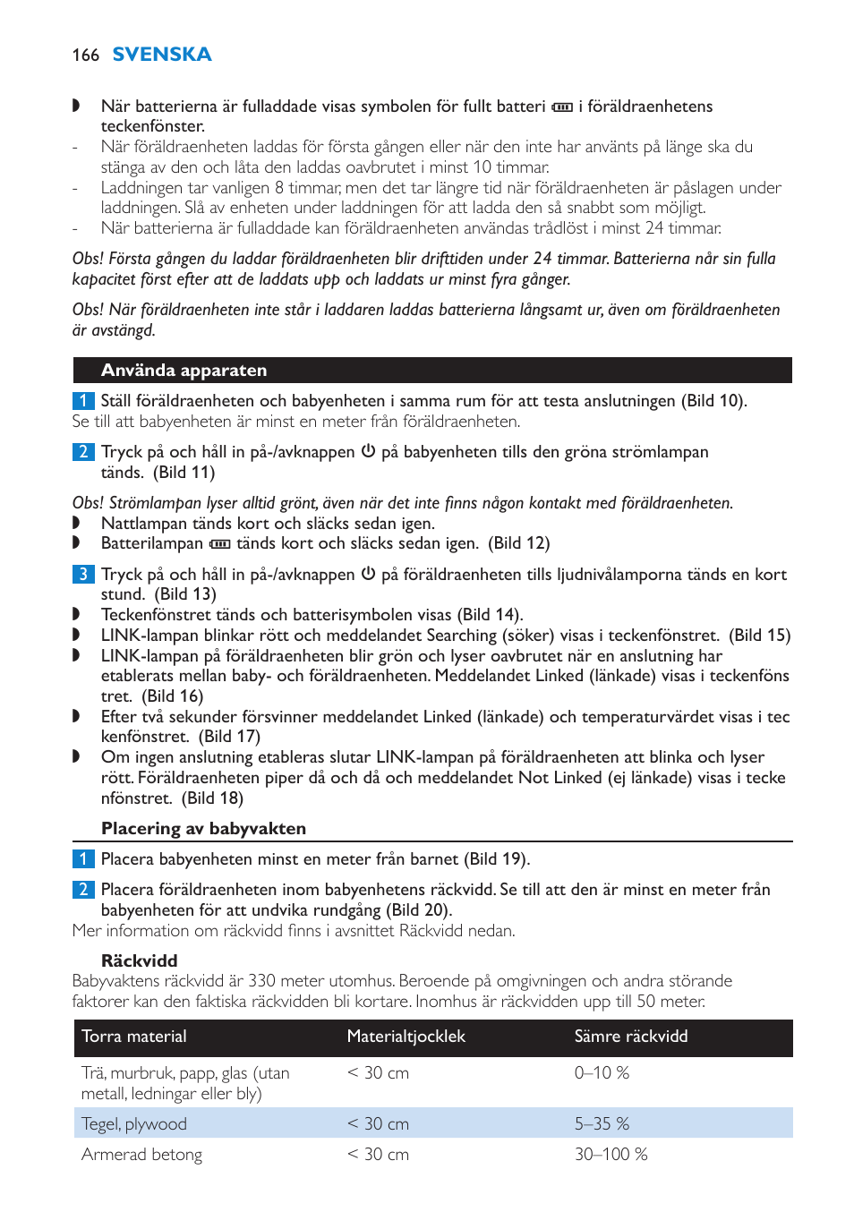 Använda apparaten, Placering av babyvakten, Räckvidd | Philips AVENT Vigilabebés DECT User Manual | Page 166 / 196