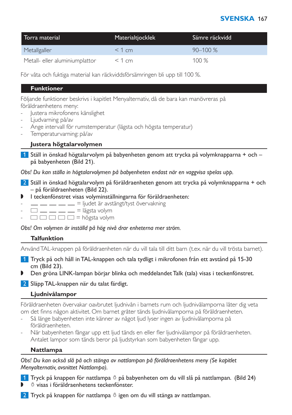 Funktioner, Justera högtalarvolymen, Talfunktion | Ljudnivålampor, Nattlampa | Philips AVENT Vigilabebés DECT User Manual | Page 167 / 196