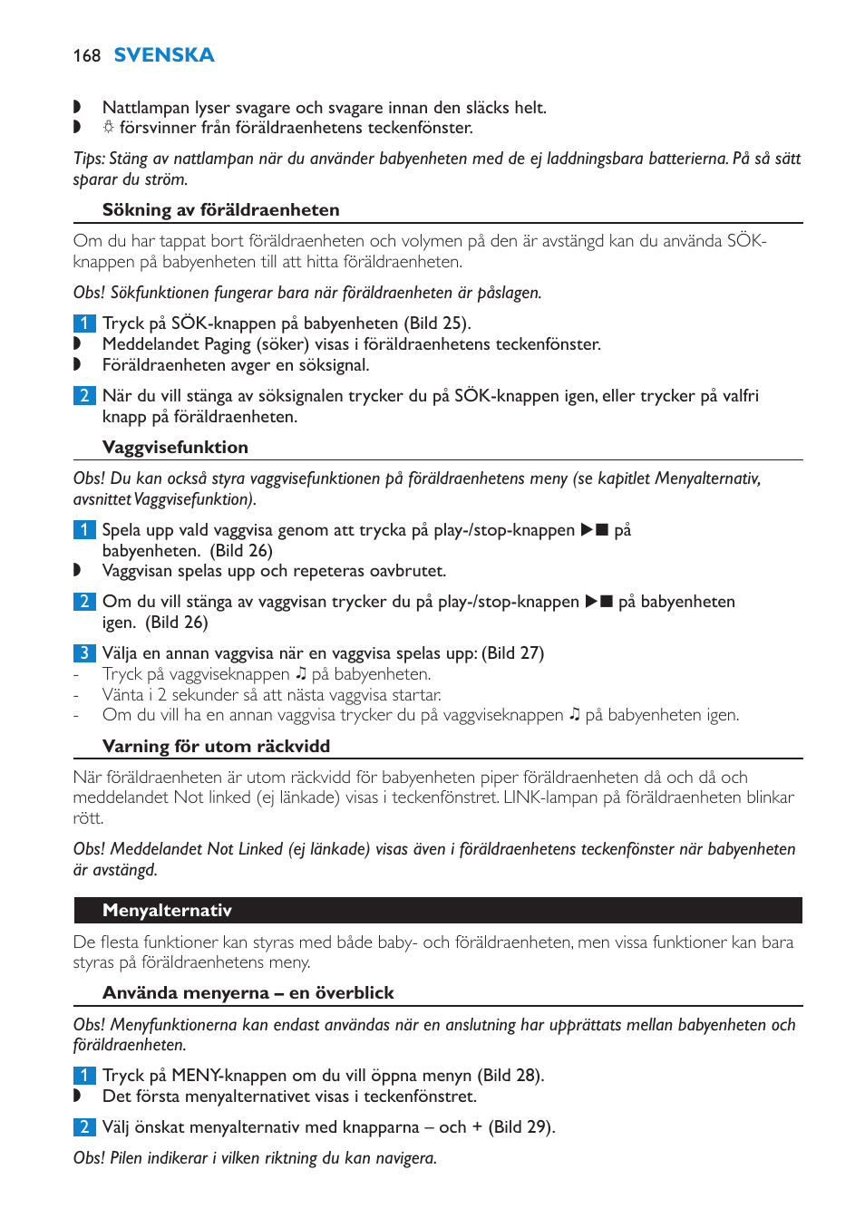 Sökning av föräldraenheten, Vaggvisefunktion, Varning för utom räckvidd | Menyalternativ, Använda menyerna – en överblick | Philips AVENT Vigilabebés DECT User Manual | Page 168 / 196