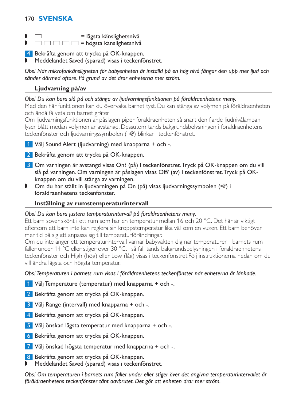 Ljudvarning på/av, Inställning av rumstemperaturintervall | Philips AVENT Vigilabebés DECT User Manual | Page 170 / 196