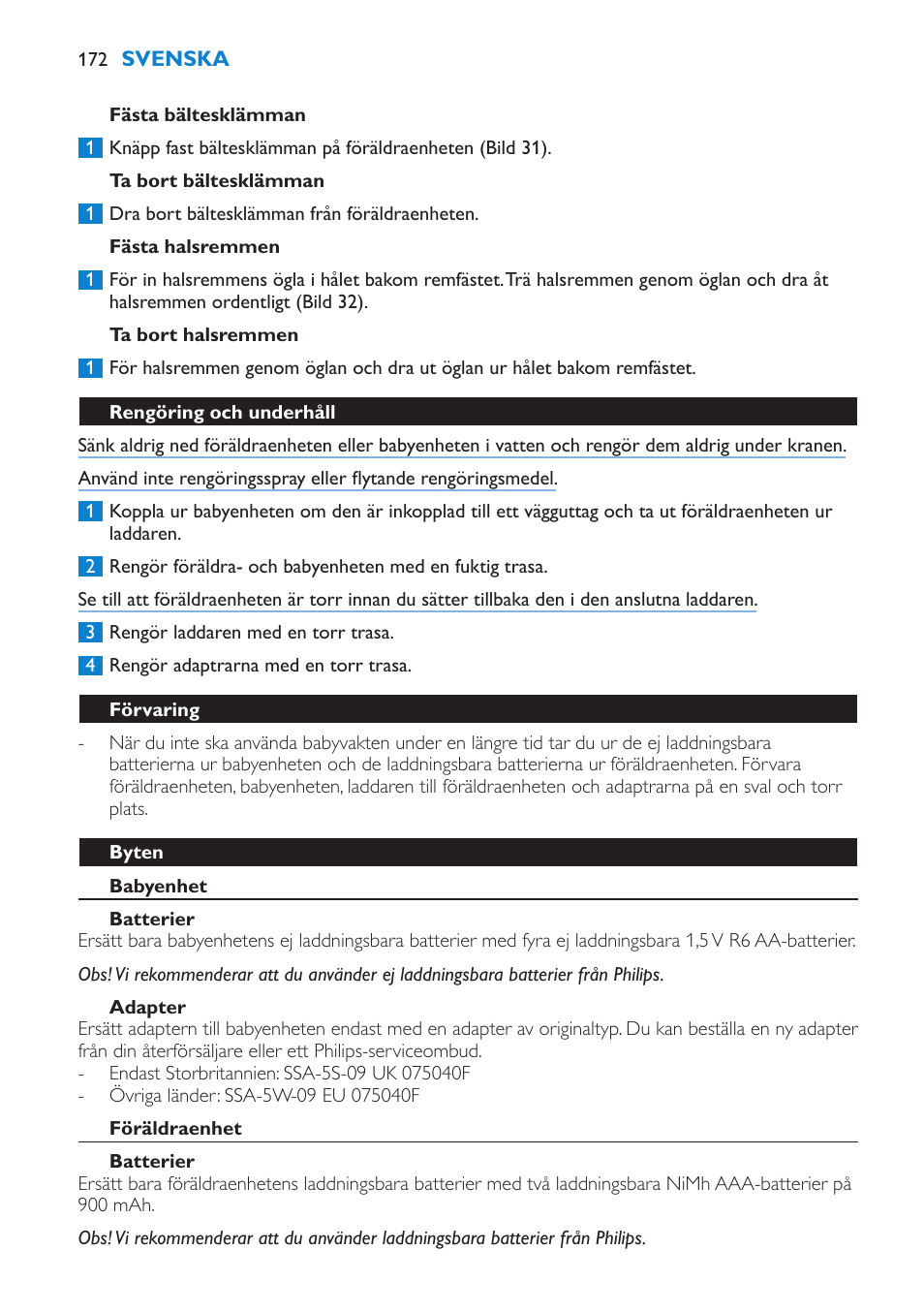 Fästa bältesklämman, Ta bort bältesklämman, Fästa halsremmen | Ta bort halsremmen, Rengöring och underhåll, Förvaring, Byten, Babyenhet, Batterier, Adapter | Philips AVENT Vigilabebés DECT User Manual | Page 172 / 196