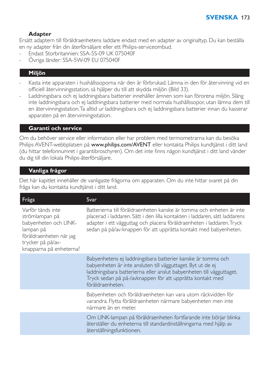 Adapter, Miljön, Garanti och service | Vanliga frågor | Philips AVENT Vigilabebés DECT User Manual | Page 173 / 196