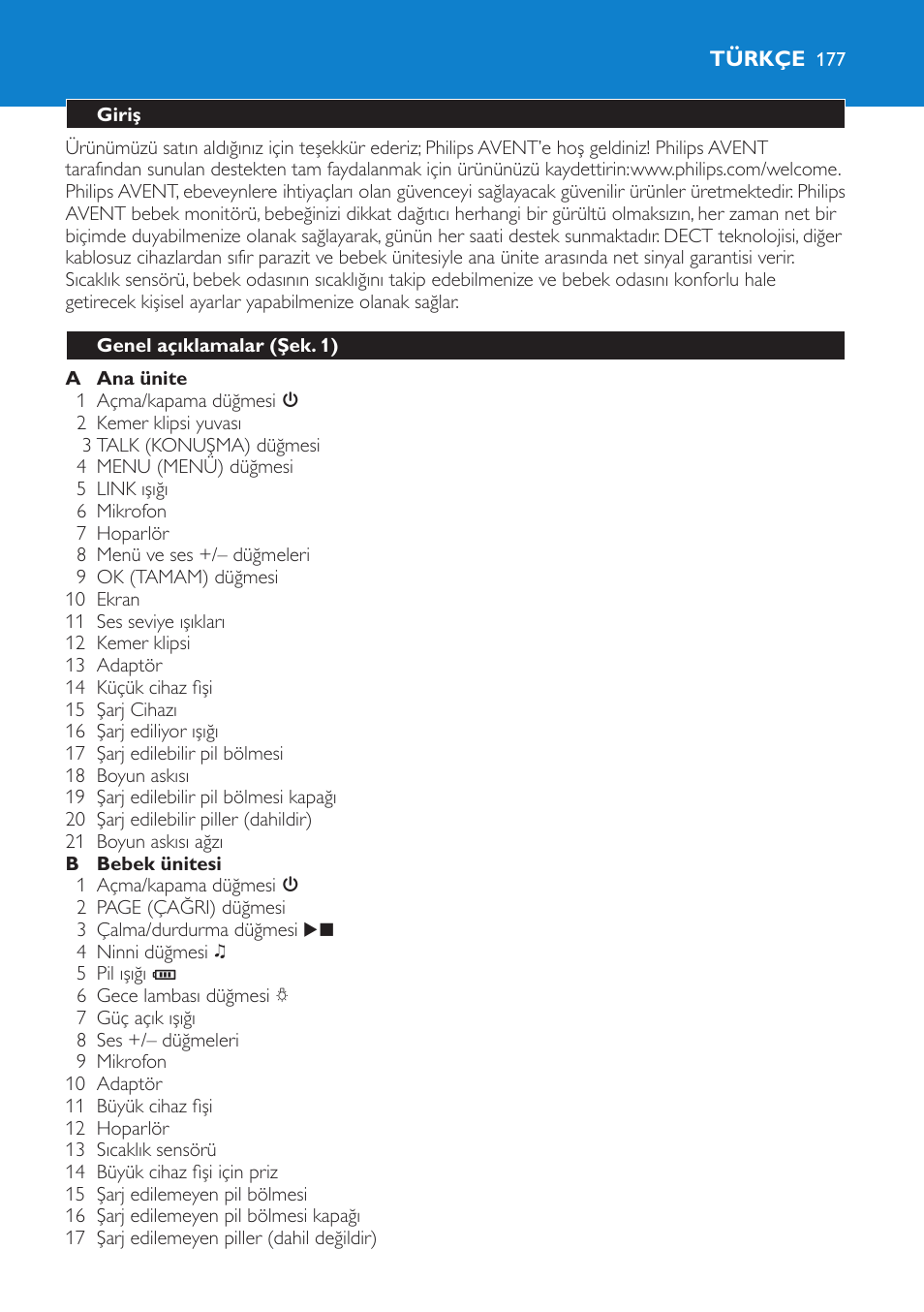 Türkçe, Giriş, Genel açıklamalar (şek. 1) | Philips AVENT Vigilabebés DECT User Manual | Page 177 / 196