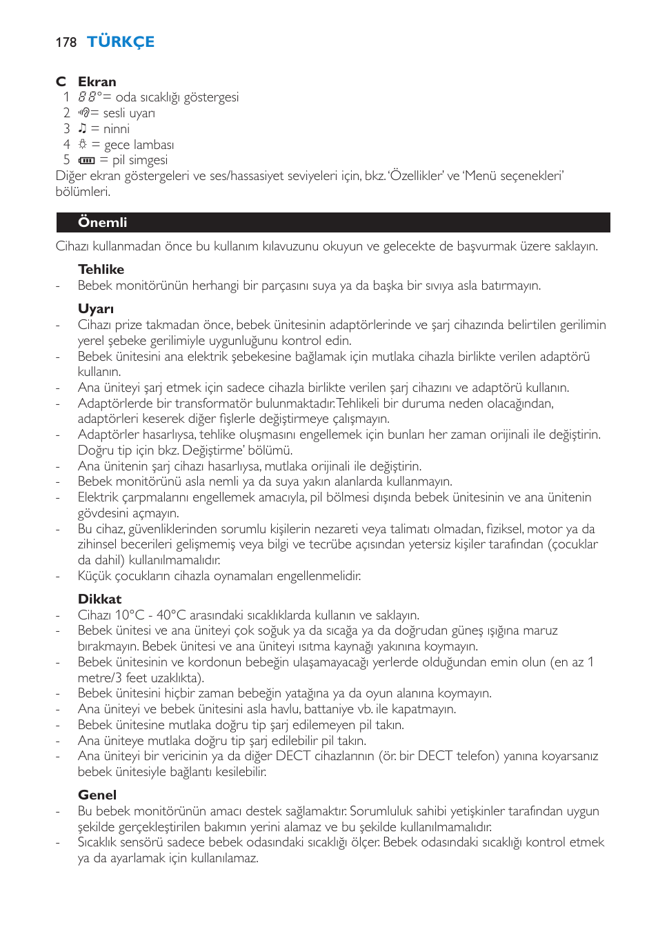 Tehlike, Uyarı, Dikkat | Genel, Önemli | Philips AVENT Vigilabebés DECT User Manual | Page 178 / 196