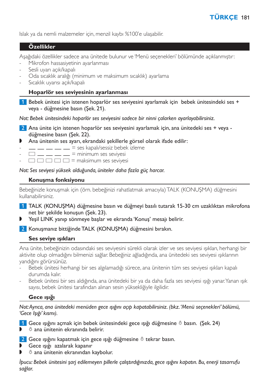 Özellikler, Hoparlör ses seviyesinin ayarlanması, Konuşma fonksiyonu | Ses seviye ışıkları, Gece ışığı | Philips AVENT Vigilabebés DECT User Manual | Page 181 / 196