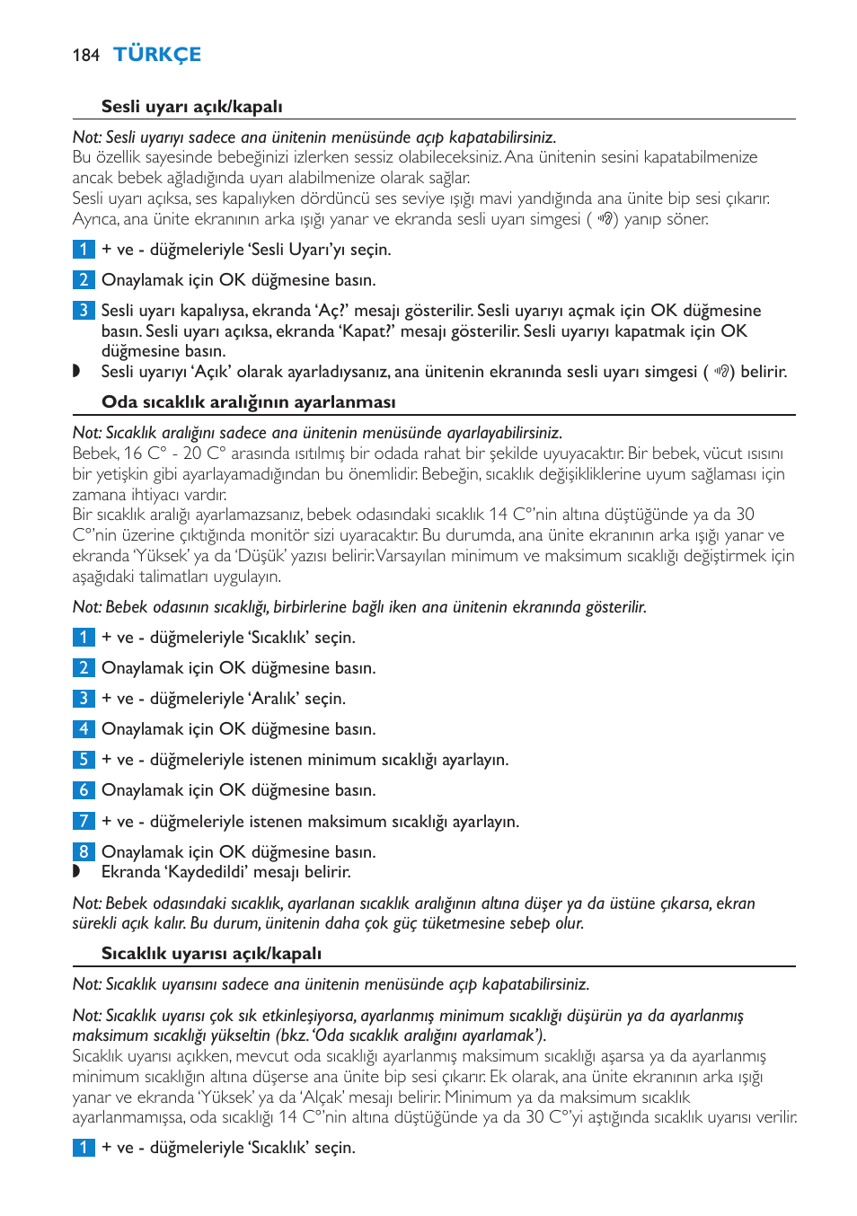 Sesli uyarı açık/kapalı, Oda sıcaklık aralığının ayarlanması, Sıcaklık uyarısı açık/kapalı | Philips AVENT Vigilabebés DECT User Manual | Page 184 / 196