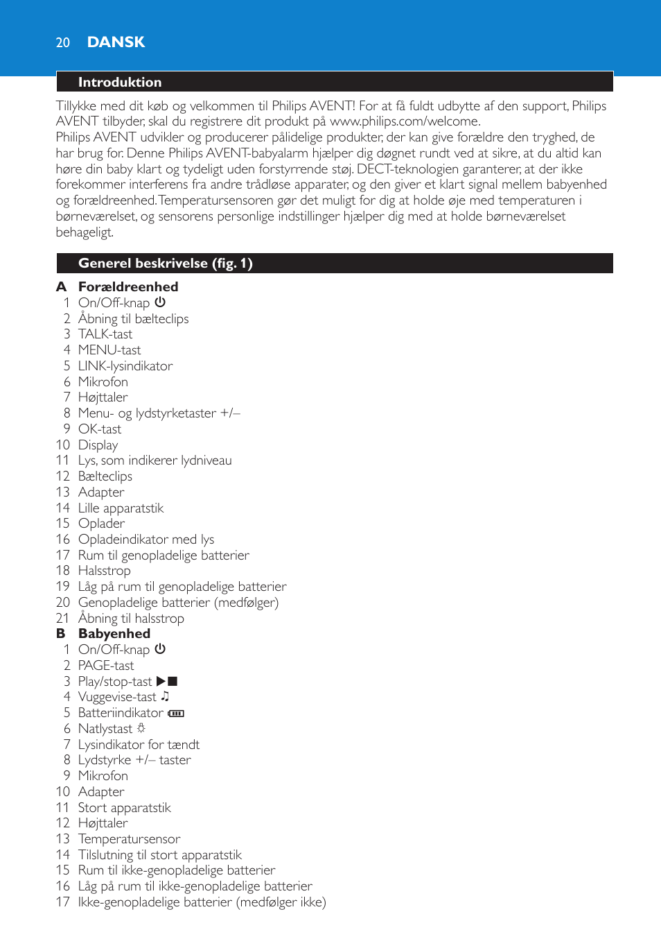 Dansk, Introduktion, Generel beskrivelse (fig. 1) | Philips AVENT Vigilabebés DECT User Manual | Page 20 / 196