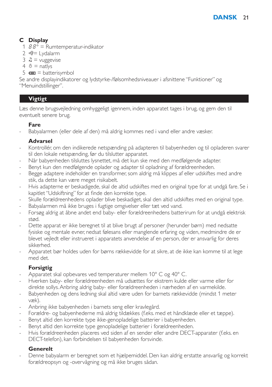 Fare, Advarsel, Forsigtig | Generelt, Vigtigt | Philips AVENT Vigilabebés DECT User Manual | Page 21 / 196
