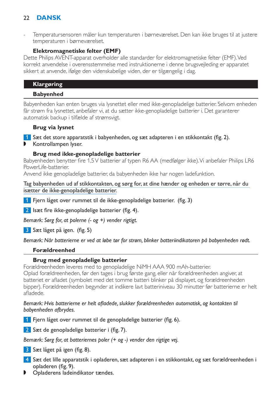 Elektromagnetiske felter (emf), Klargøring, Babyenhed | Brug via lysnet, Brug med ikke-genopladelige batterier, Forældreenhed, Brug med genopladelige batterier | Philips AVENT Vigilabebés DECT User Manual | Page 22 / 196