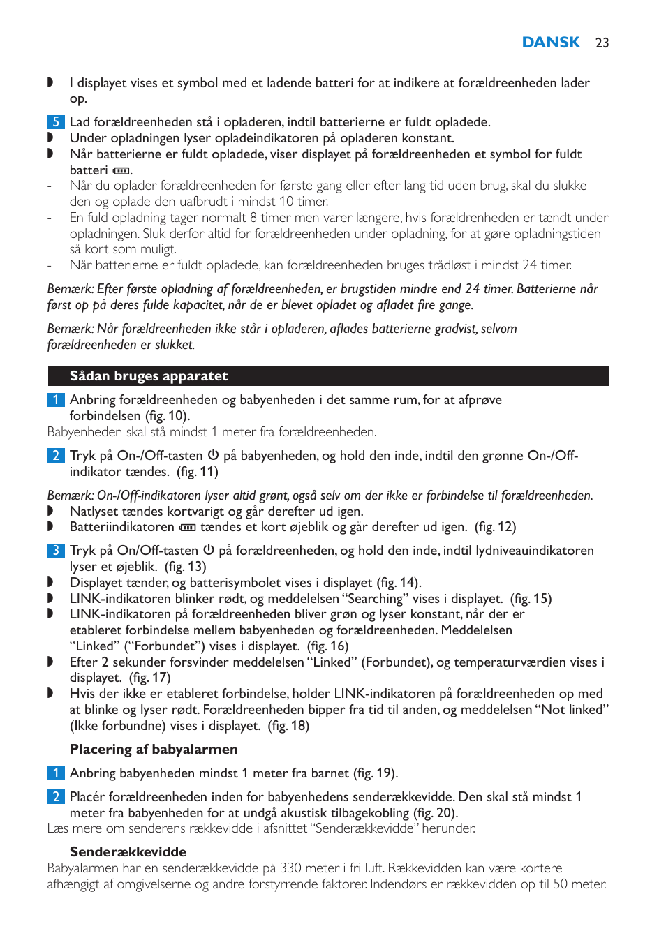 Sådan bruges apparatet, Placering af babyalarmen, Senderækkevidde | Philips AVENT Vigilabebés DECT User Manual | Page 23 / 196