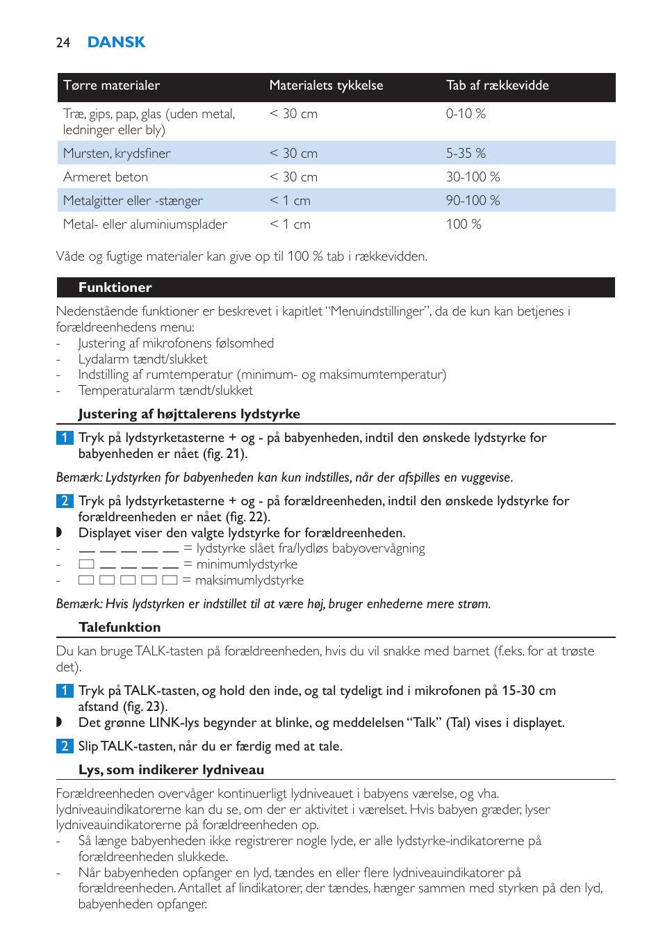 Funktioner, Justering af højttalerens lydstyrke, Talefunktion | Lys, som indikerer lydniveau | Philips AVENT Vigilabebés DECT User Manual | Page 24 / 196