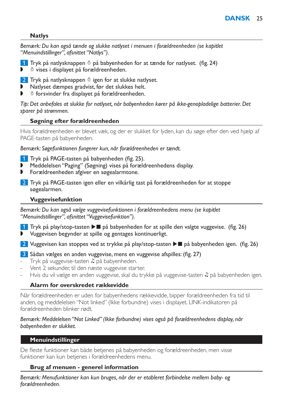 Natlys, Søgning efter forældreenheden, Vuggevisefunktion | Alarm for overskredet rækkevidde, Menuindstillinger, Brug af menuen - generel information | Philips AVENT Vigilabebés DECT User Manual | Page 25 / 196