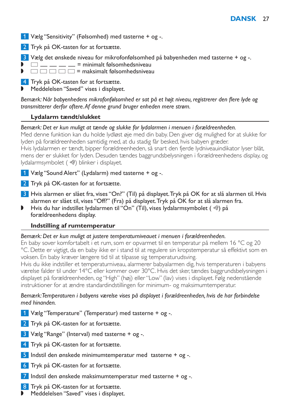 Lydalarm tændt/slukket, Indstilling af rumtemperatur | Philips AVENT Vigilabebés DECT User Manual | Page 27 / 196