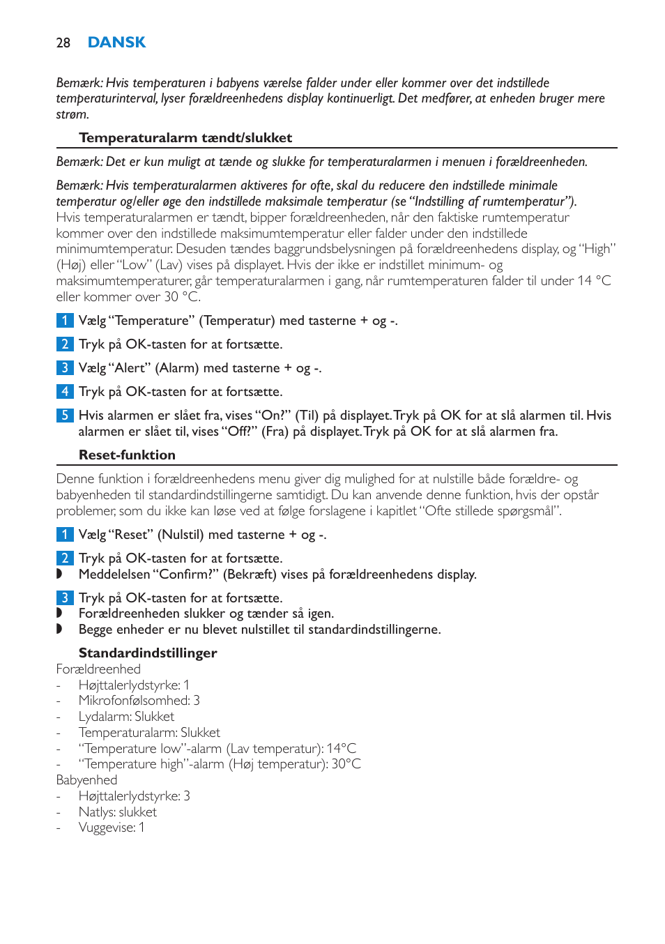 Temperaturalarm tændt/slukket, Reset-funktion, Standardindstillinger | Philips AVENT Vigilabebés DECT User Manual | Page 28 / 196