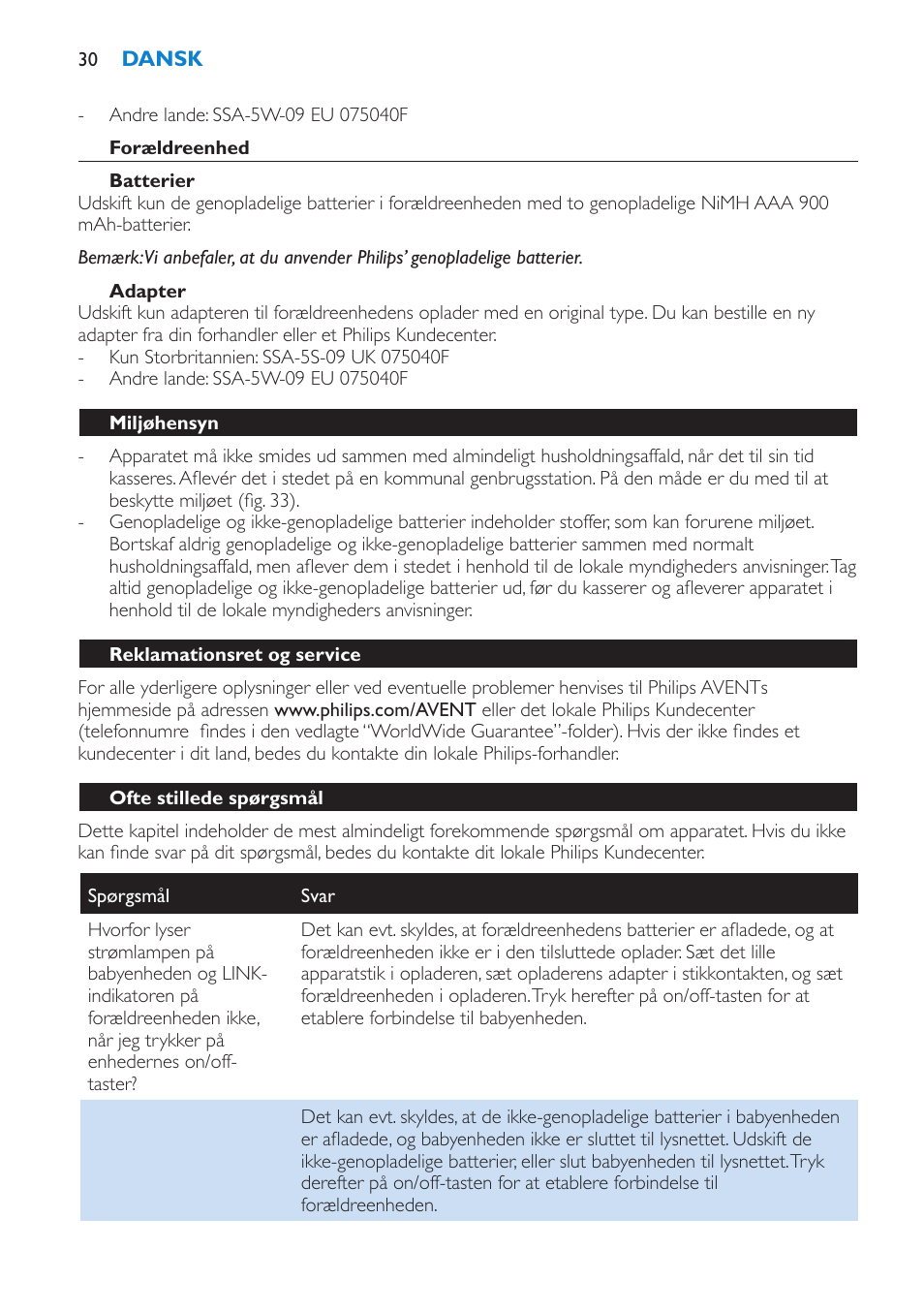 Forældreenhed, Batterier, Adapter | Miljøhensyn, Reklamationsret og service, Ofte stillede spørgsmål | Philips AVENT Vigilabebés DECT User Manual | Page 30 / 196