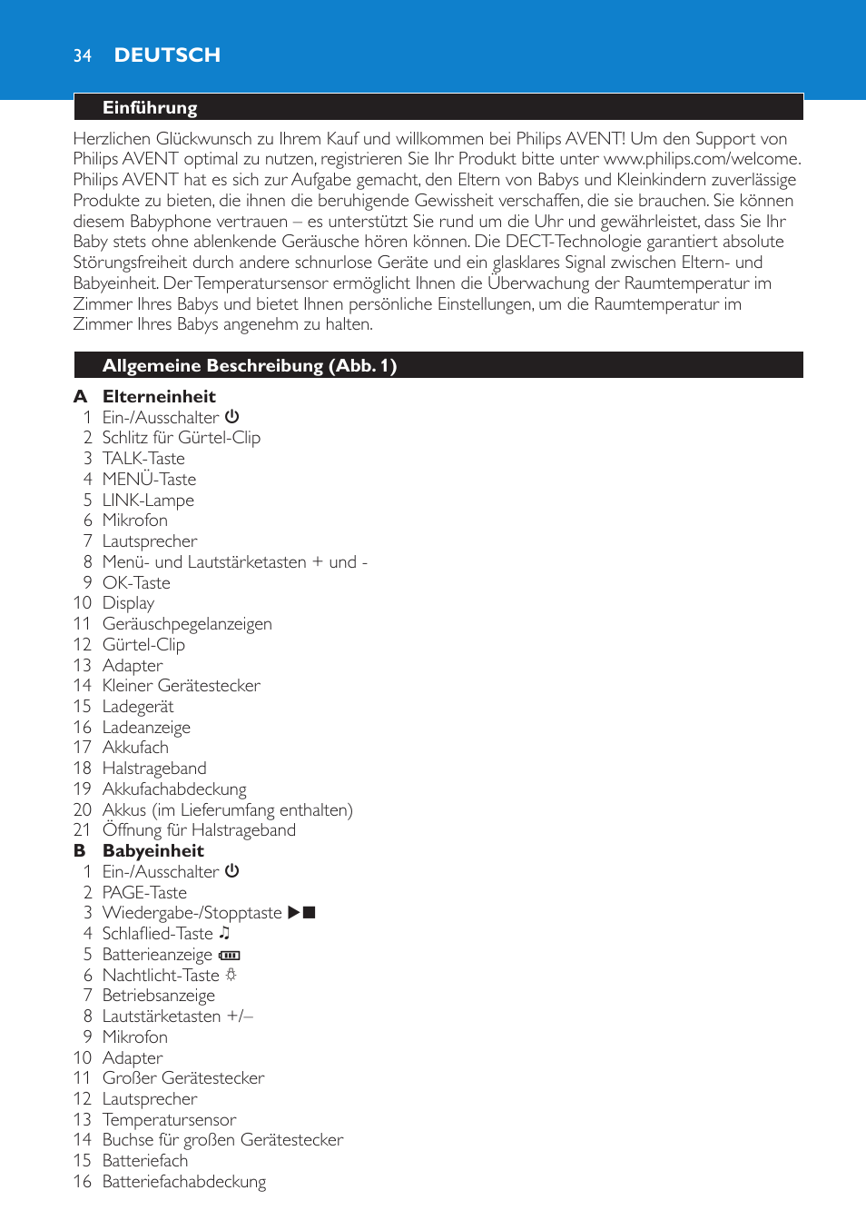 Deutsch, Einführung, Allgemeine beschreibung (abb. 1) | Philips AVENT Vigilabebés DECT User Manual | Page 34 / 196